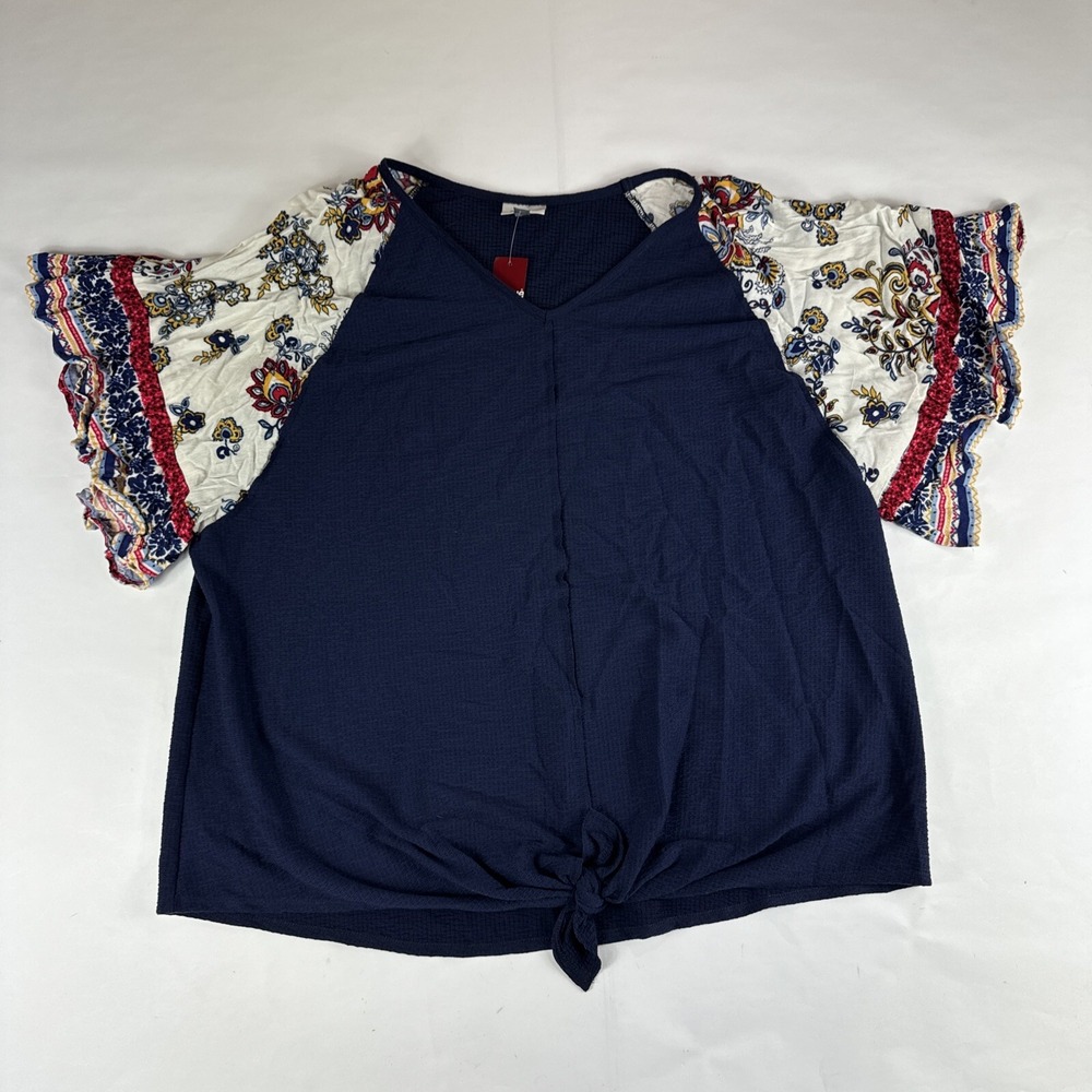 Avenue Blouse Womens Sz 14/16 Blue Boho Short Sleeve Tunic Shirt Floral Stretchy